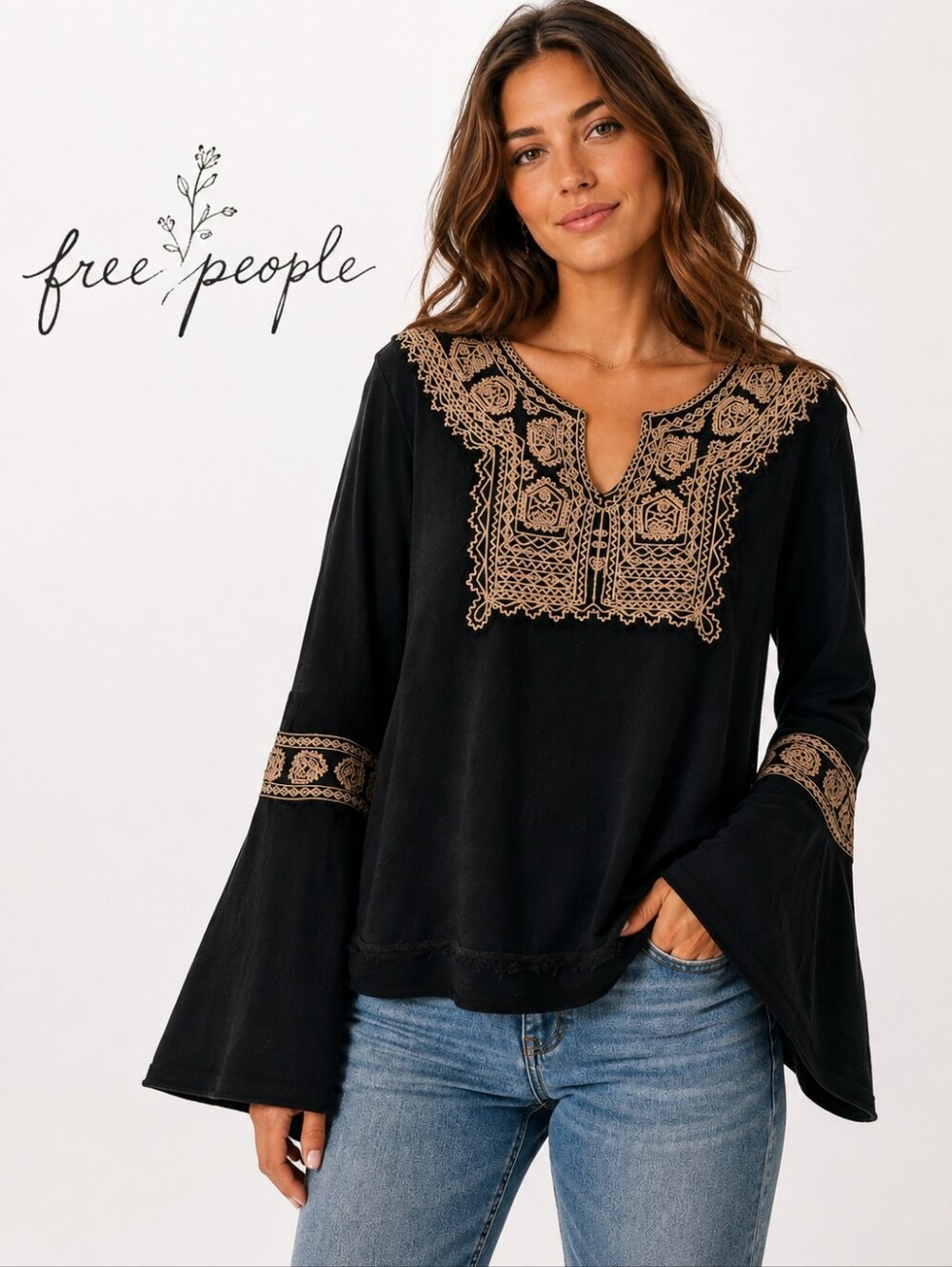 Free People Santa Maria BOHO Embroidered Peasant French  Bell Sleeves  Small